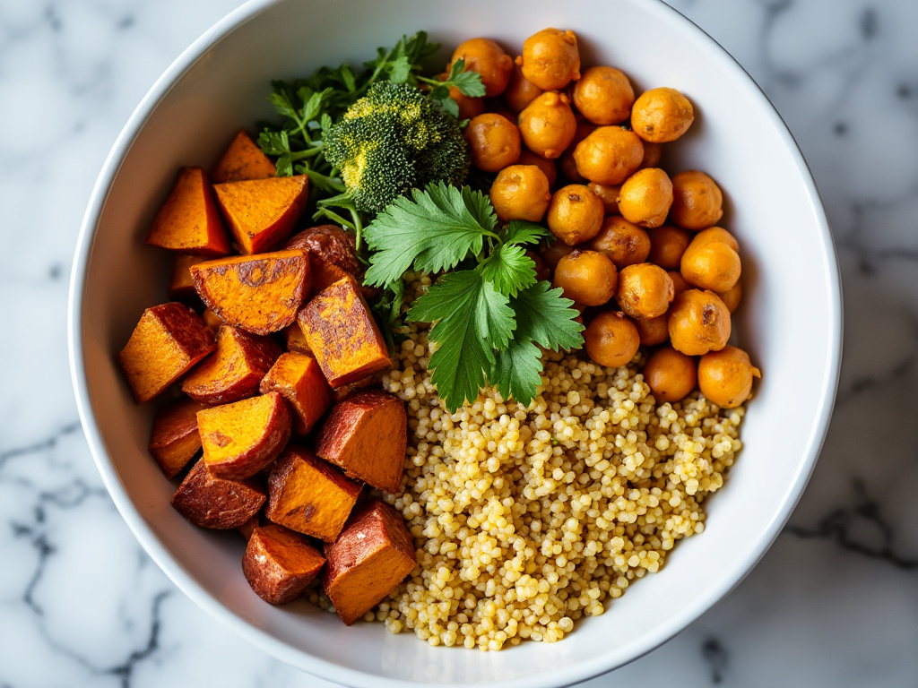 Golden Quinoa Buddha Bowl with Roasted Sweet Potatoes and Turmeric Chickpeas