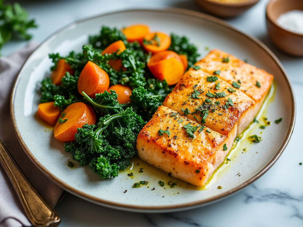 Golden Turmeric Salmon with Sweet Potatoes and Kale