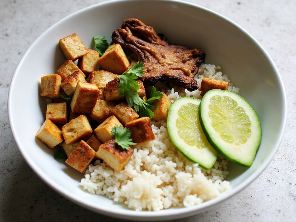 Healthy Korean-Inspired Tofu Rice Bowl with Shiitake Mushrooms